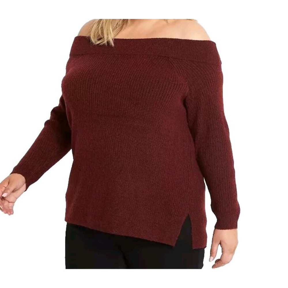 Lane Bryant NWT Ribbed Sweater Top Womens XL Sz 14/16  Burgundy Red Off Shoulder